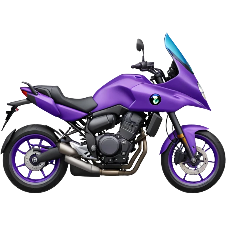 Créer un emoji copiable sur mon système iOS avec une moto mt07 noir mate / violet plus foncé que tu as et iridescent. le style de la mt07 doit être en sport. Avec pilote dessus visière violet bulle de la moto violet aussi. emoji