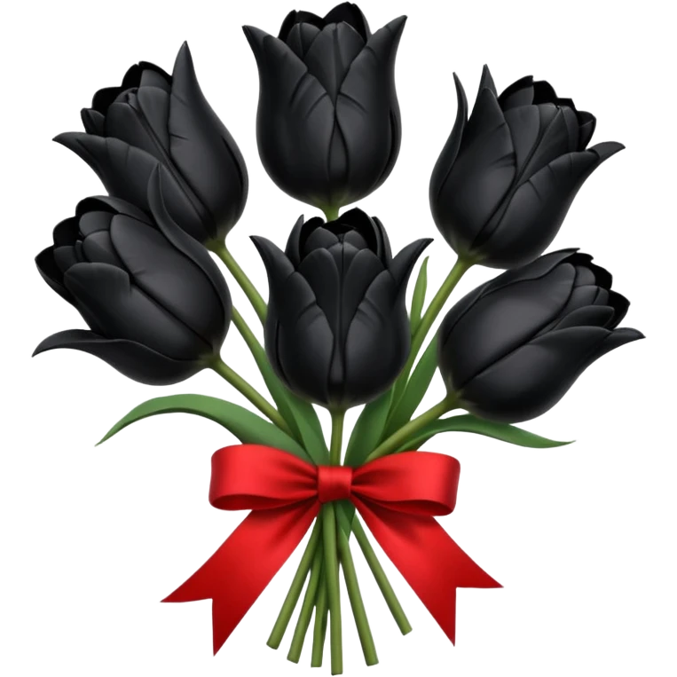 goth tulip bouquet, black tulips with silver accents, tied with a red ribbon emoji