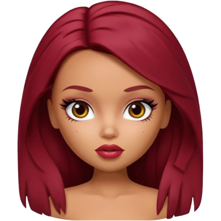 Bratz doll with dark red hair and a beauty mark emoji