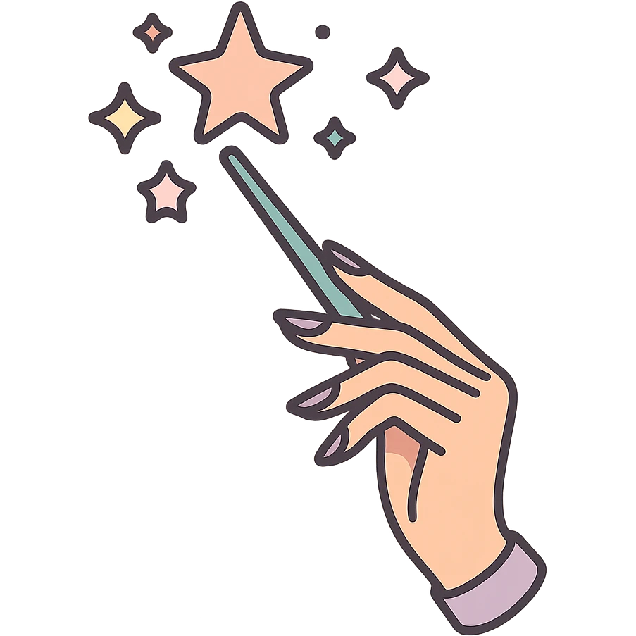 Elegant female hand with almond-shaped nails holding a magic wand, large and small stars flying out of the wand, Chinese Eastern style, thin clean contours, soft rounded shapes, pastel palette #98B5BC, #B5B3C1, #C9A3C9, #E4C0CA, #F7DCD1, #F7C0AA, detailed shadows and highlights, soft lighting, transparent background, no decorative elements. emoji