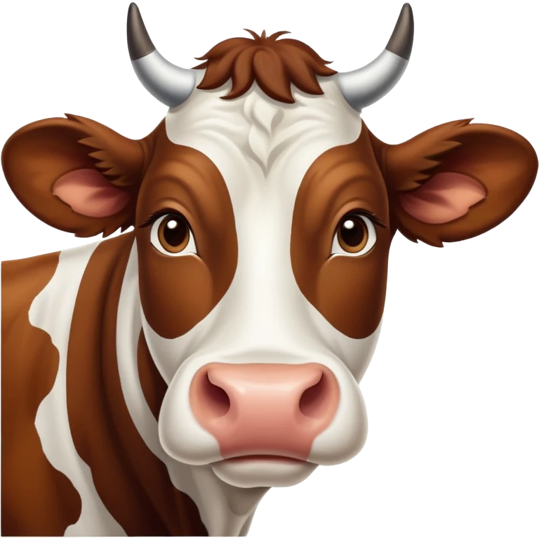 cinematic-noble-brown-and-white-cow-portrait-emoji,-poised-and-regal,-with-a-large,-sturdy-build-and-a-beautifully-patterned-hide-of-rich-brown-accented-by-crisp-white-patches,-deep-set-soulful-brown-eyes,-simplified-yet-sharp-and-sophisticated emoji