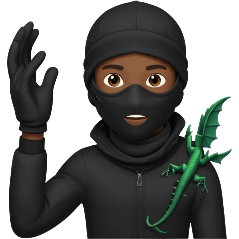 A young African male wearing a ski mask in full black clothing, holding a micro Draco in the air carelessly emoji