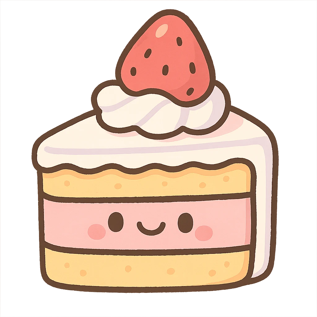 cute strawberry cake with whipped cream, smiling face, kawaii, soft light, hand-drawn look, pastel toon style emoji