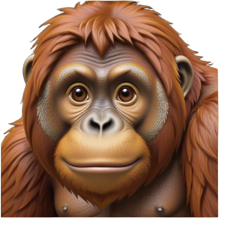 Cinematic Noble Orangutan Portrait Emoji, Poised and regal, with a robust, thoughtful build and deep, soulful eyes framed by rich, textured fur, Simplified yet sharp and sophisticated features, highly detailed, glowing with a soft, earthy glow, high shine, intelligent and contemplative, stylized with an air of ancient wisdom, focused and commanding, soft glowing outline, capturing the essence of a watchful and confident guardian that appears ready to step out of the screen with timeless authority! emoji