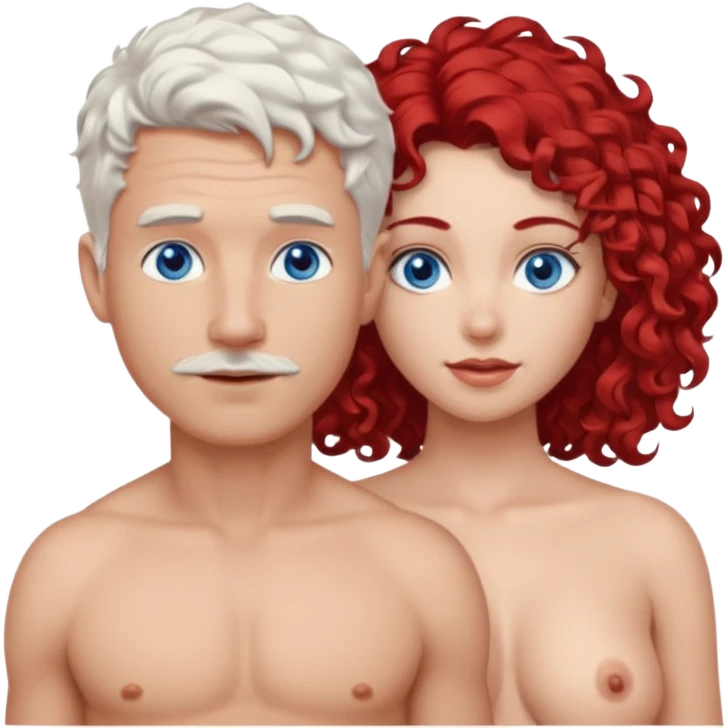 Homme nu cheveux blanc courts, yeux bleu mal rasé + femme nu gros seins rousse cheveux longs bouclés yeux bleu emoji