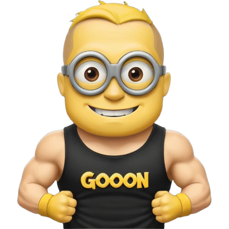 A buff minion wearing a black t shirt top with the words “never GOON” on the shirts chest area emoji