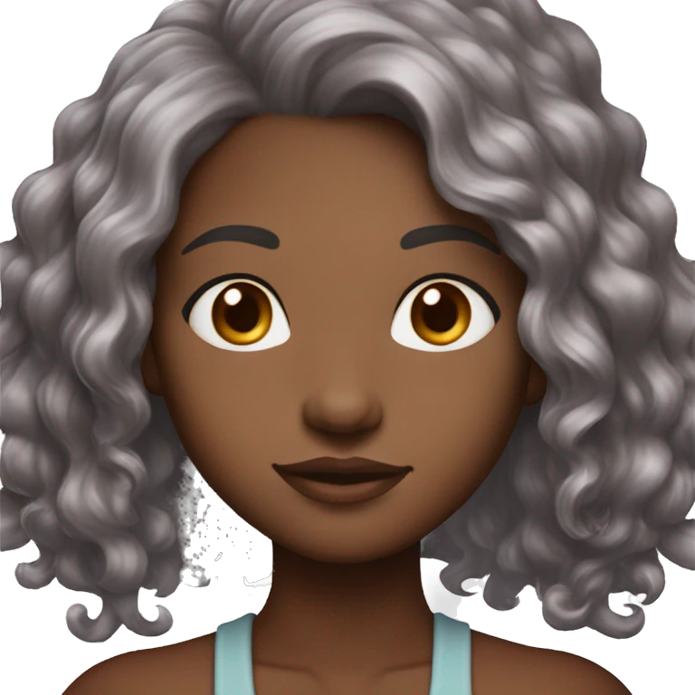 cocoa skin, curley reddish brown hair  with a streak of grey. its short. Her standing with grey light eyes emoji