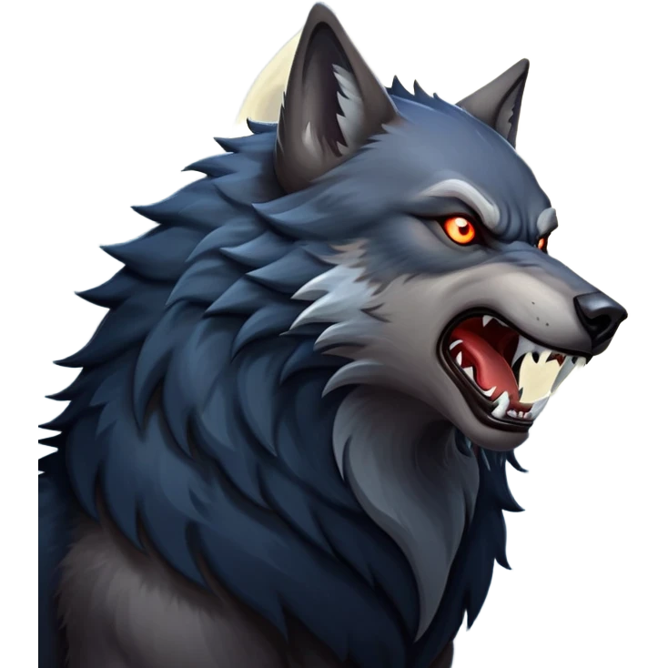 cinematic-noble-fierce-werewolf-howling-portrait-emoji, poised-and-imposing, with a fierce wolfish face tilted upwards in a haunting howl, glowing eyes full of primal ferocity, sharp, and a rugged snout, fur rippling in shades of midnight black and silver, muscles tensed as the powerful howl echoes beneath the moonlit sky; rendered with realism, capturing the raw, untamed power of the beast in its wild, primal state emoji