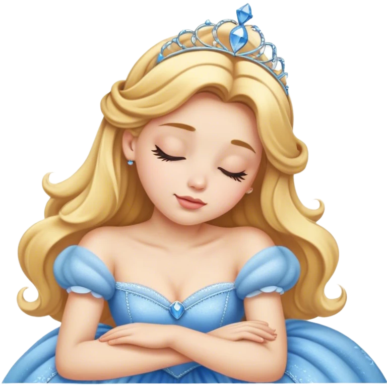 Cinematic Realistic Sleeping Cinderella Portrait, portrayed with exceptional realism: her luminous porcelain skin and exquisitely detailed golden-blonde hair lie softly under the gentle caress of natural light. Her eyes are peacefully closed in a serene, dreamlike slumber, and every fold and shimmer of her iconic ball gown is rendered with painstaking detail. The overall composition radiates a quiet, enchanting glow that encapsulates the timeless, restful beauty of a princess lost in a gentle, magical dream. emoji