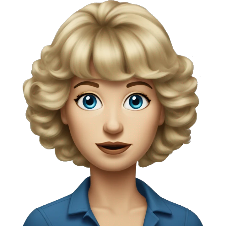 Medium length Dirty blonde big poofy hair with bangs all across forehead and sides swept away from face woman of 60 with blue eyes  emoji