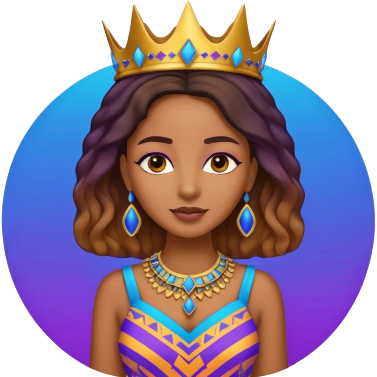 Create me an emoji of a beautiful Ethiopian Queen of Sheba wearing a neon purple and blue gradient African patterns. emoji