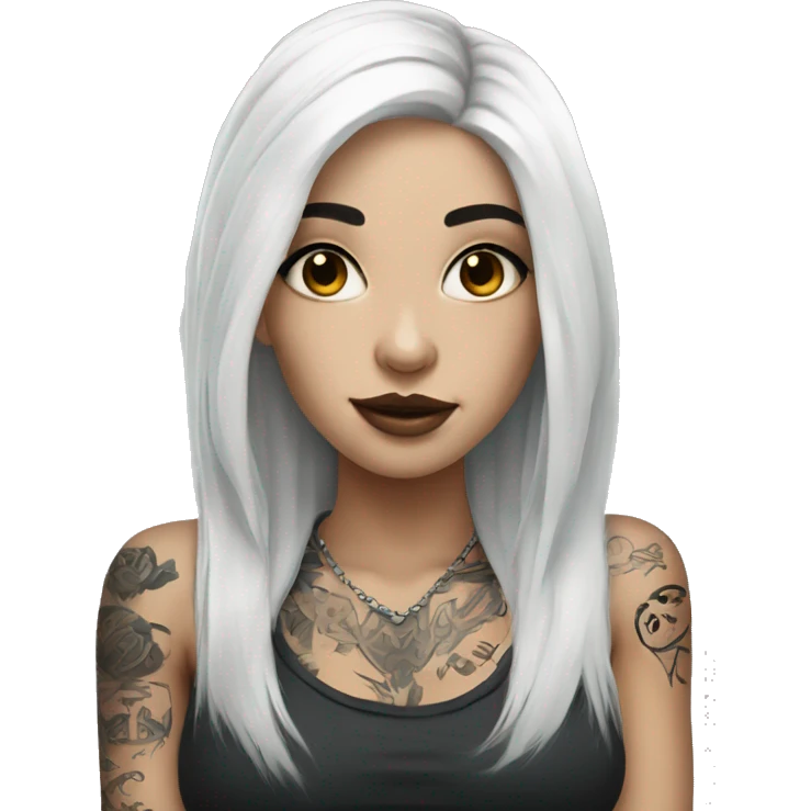 Beautiful girl with white skin, long black hair and tattoos emoji