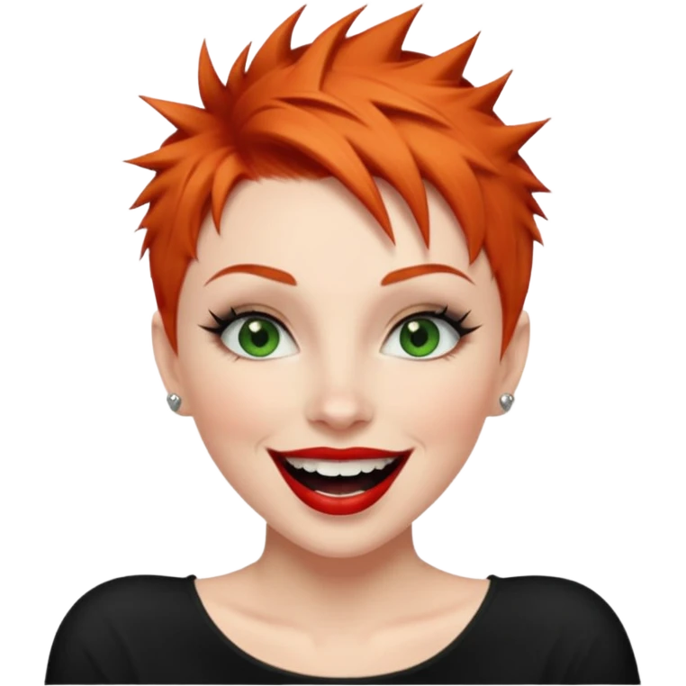 Short spikey Ginger hair, green eyes, black long eye lashes large red lips White woman laughing emoji