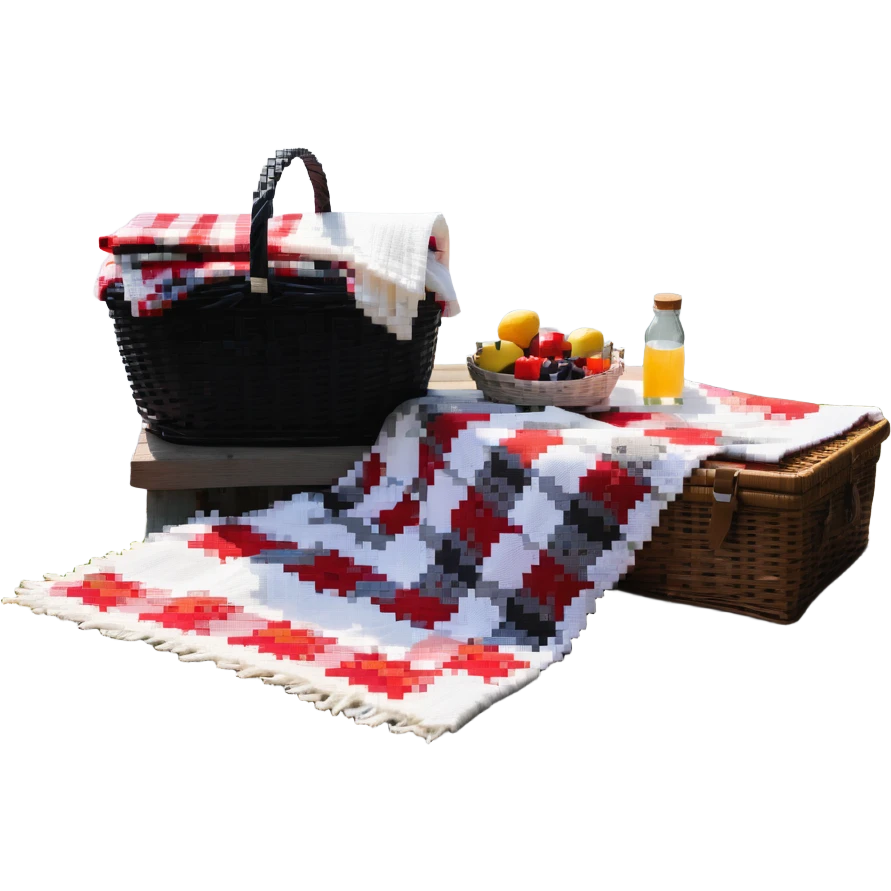 picnic basket and blanket next to a lake emoji