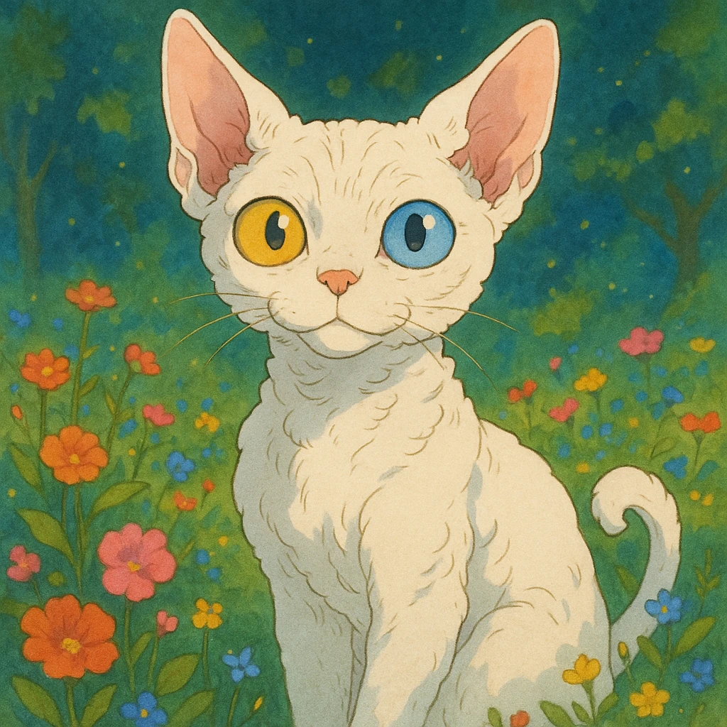 a white devon rex cat with one yellow and one blue eye each emoji