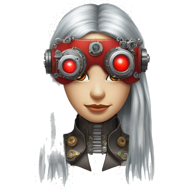 Silver long hair female cyborg head with red steampunk goggles and circuits emoji