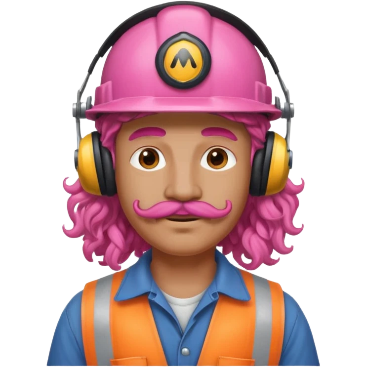 construction worker with pink long curly hair and protective headphones and mustache emoji