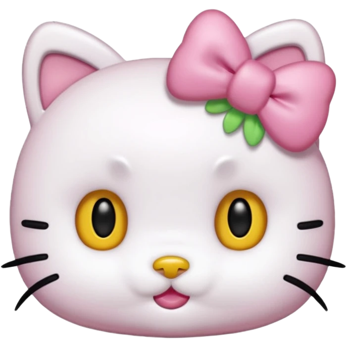 hello kitty, no mouth, yellow nose, black beady eyes, a pink bow on her right ear, it has to look accurate to hello kitty, just her head, no body emoji