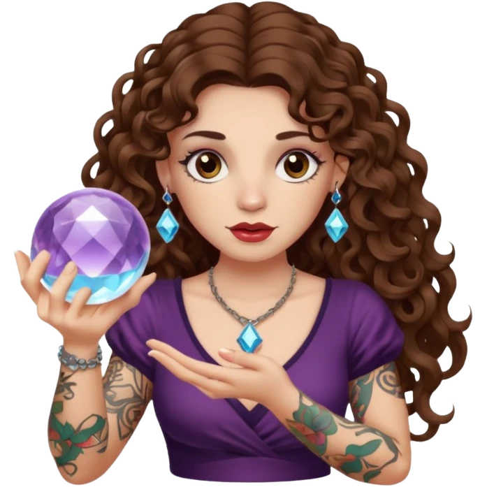 woman with long curly brown hair, brown eyes, white skin, tattoos, holding a crystal ball showing nonsense emoji