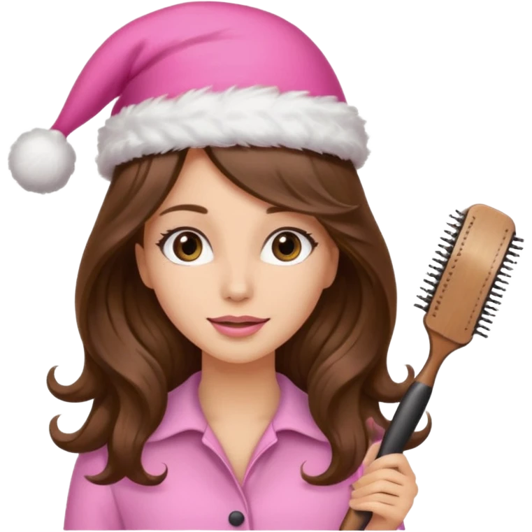 mujer peinandose en la peluqueria y con un gorro de navidad rosado, cabello largo café y ondulado emoji