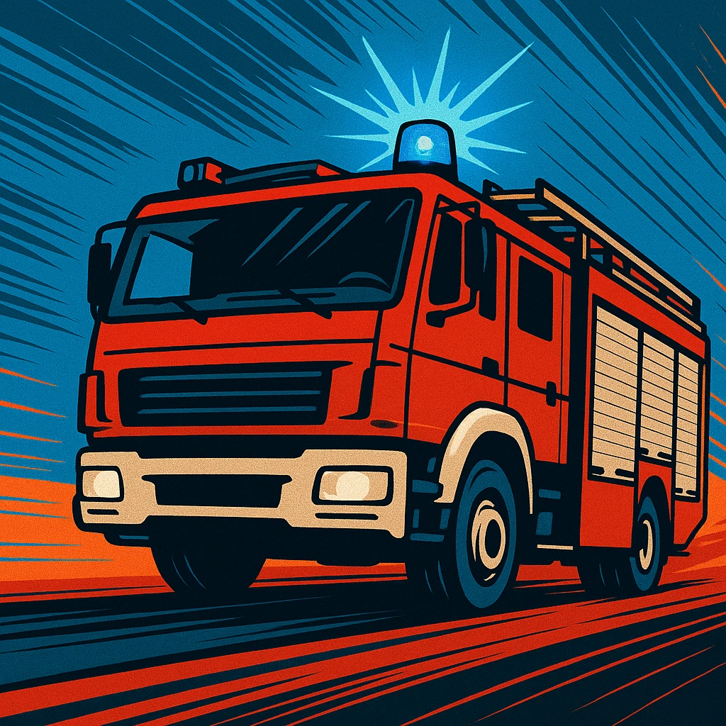 stylized fire truck with blue flashing light, modern illustration, motion lines, emergency atmosphere emoji