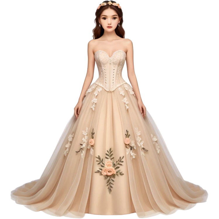 A luxurious strapless A-line wedding gown featuring a sheer lace corset bodice with structured boning, intricate floral embroidery, and a flowing layered tulle skirt adorned with delicate 3D floral appliqués for a soft, romantic, fairytale look. emoji