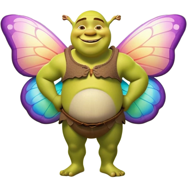 “Shrek as a cartoon character with colorful butterfly wings, smiling, in a magical forest background, soft lighting, pastel colors”
 emoji