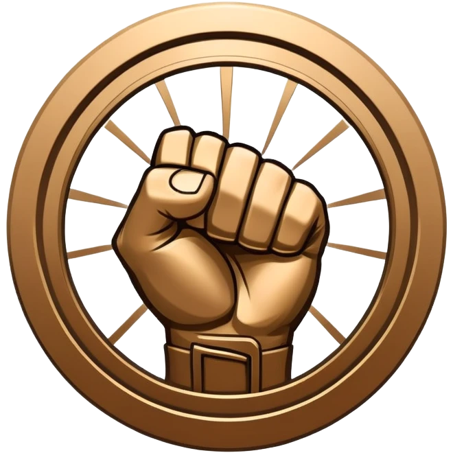 Round emblem symbolizing martial arts with a bold fist facing forward in the center. The fist is surrounded by dynamic lines representing movement and power. The design conveys strength, focus, and precision, with a minimalist background emphasizing the combat spirit. Transparent background. emoji