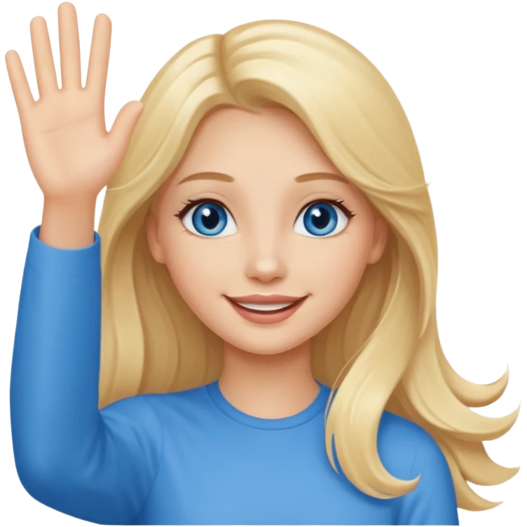A beautiful blonde girl with long hair, blue eyes, neutral lips and a sweet smile  arm hello emoji