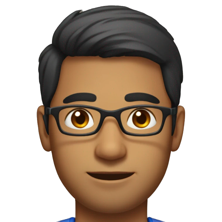 A head and shoulders shot of a 34 year old south asian man, with short black hair,  wearing glasses with brown eyes wearing a t-shirt. emoji