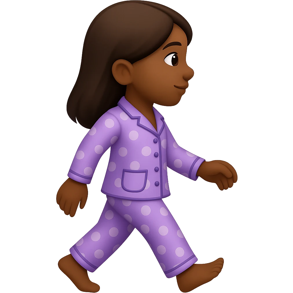 Create an image of a girl walking in pajamas with brown skin in the style of emoji, with no background. The style is emoji but fallback to general for editing as emoji style does not support editing. emoji
