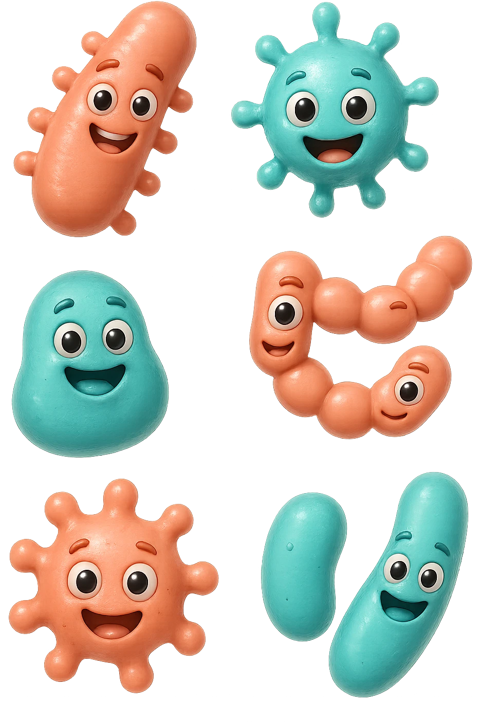 EMOJI STILE IPHONE DI 6 SPECIE DI BATTERI INTESTINALI ROSA SALMONE E TURCHESI DIVERSI TRA LORO PER FORMA, FLUTTUANO IN ARIA, IPERREALISTICO 4K emoji