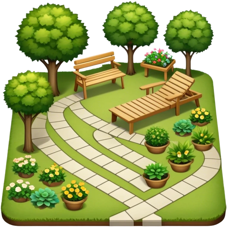 Icon for Landscape Design: a garden layout with trees, plants, pathways, and outdoor furniture, along with design tools like a ruler and sketchpad. The icon should represent the creativity and planning behind landscape design. Transparent background. emoji