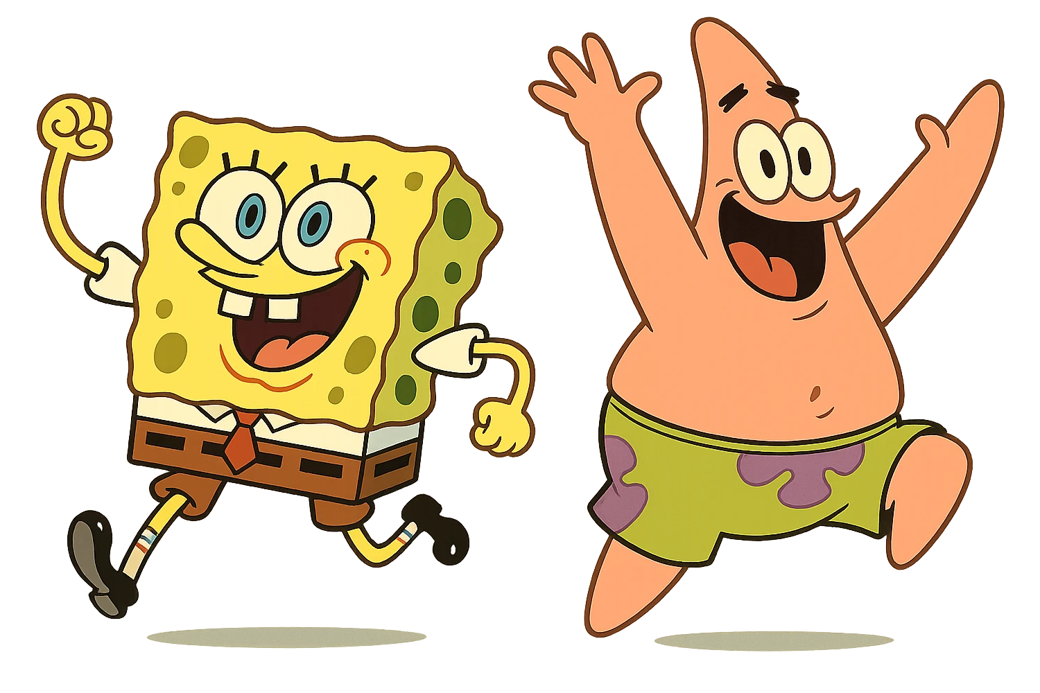 Spongebob and Patrick as lively, energetic icons, expressive poses, bright colors, dynamic movement, inspired by their movie appearances, flat color, minimal detail, no text emoji