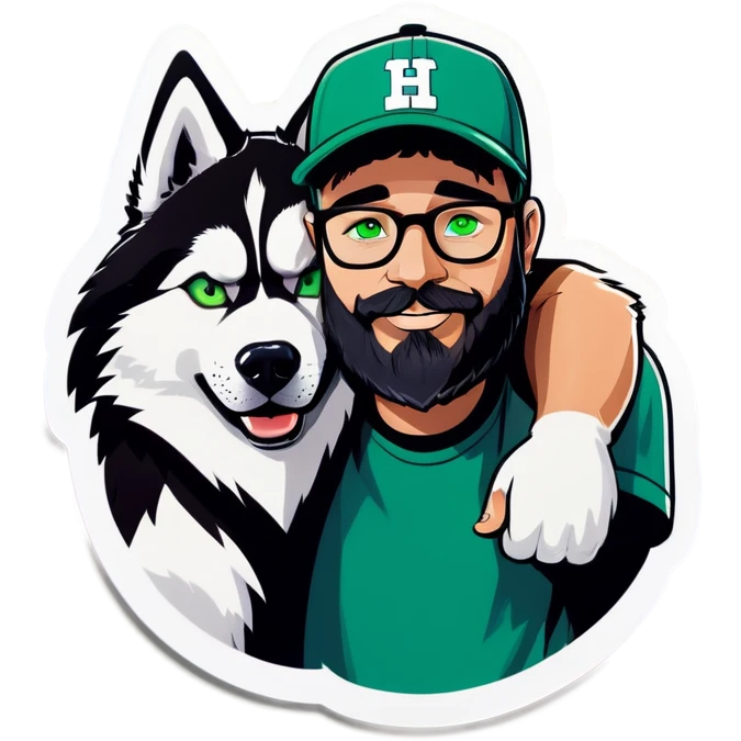A bold man with a grey baseball cap, green eyes, big beard and glasses hugging a husky emoji