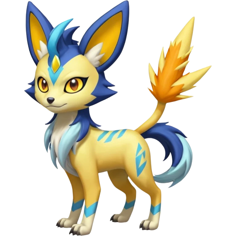 Feral Lightning-patterned Zig-zagged buzzy fuzzy Meloetta-Renamon-Zeraora-Luxray-Cobalion-Suicune-Vernid-fusion-hybrid-creature, full body  emoji