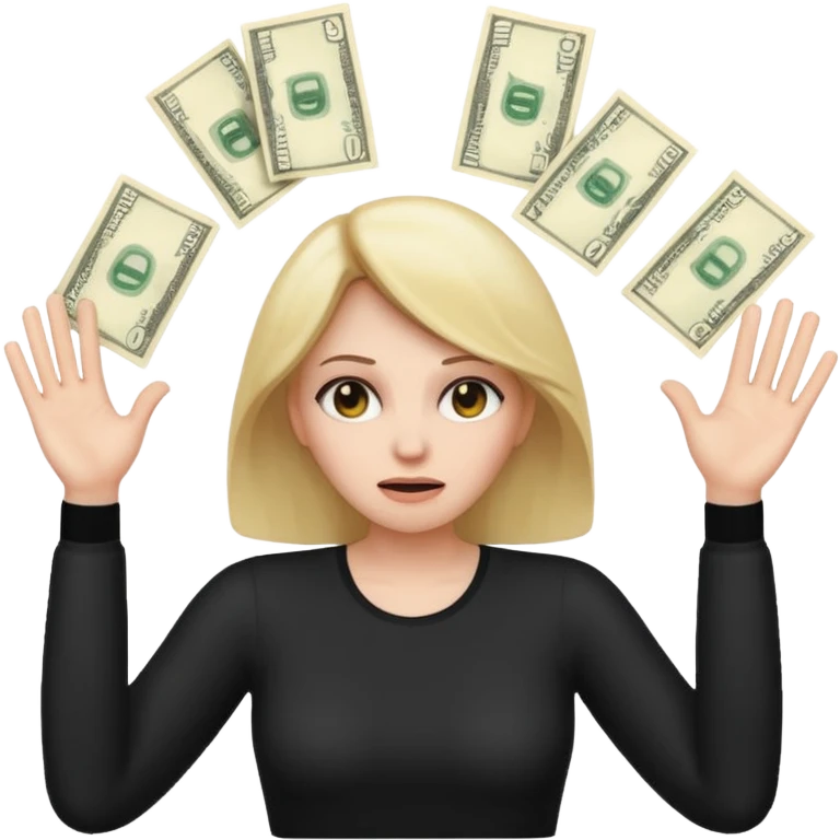 stylized emoji of a woman with hands up, surrounded by money, with a worried or confused face emoji