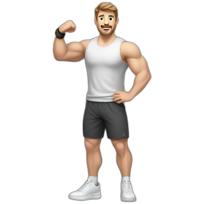 Full height realistic Actively gesturing with hands Pale skinned Fit Man With the biceps and brown hair in dark gray Sleeveless Mike, black oversize sports shorts, watch and white Sneakers emoji