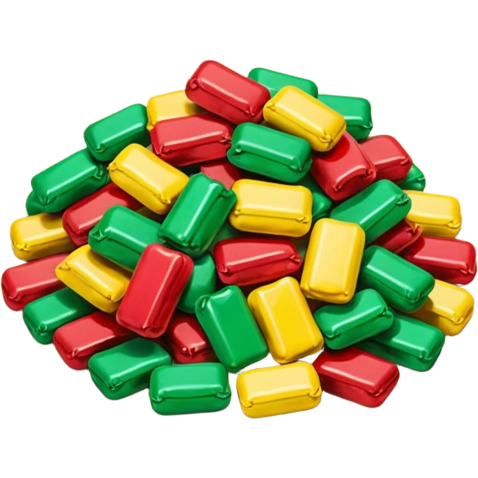 pile of colorful wrapped candies with twisted cellophane ends, shapes vary (round, oval, square), glossy surfaces, vibrant colors like red, yellow, and green, soft lighting, subtle shadows, emoji scale emoji