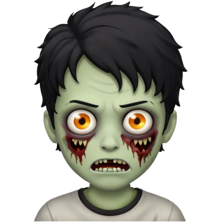 a boy with wavy hair, a zombie-shaped mouth piercing hum, and black hair emoji