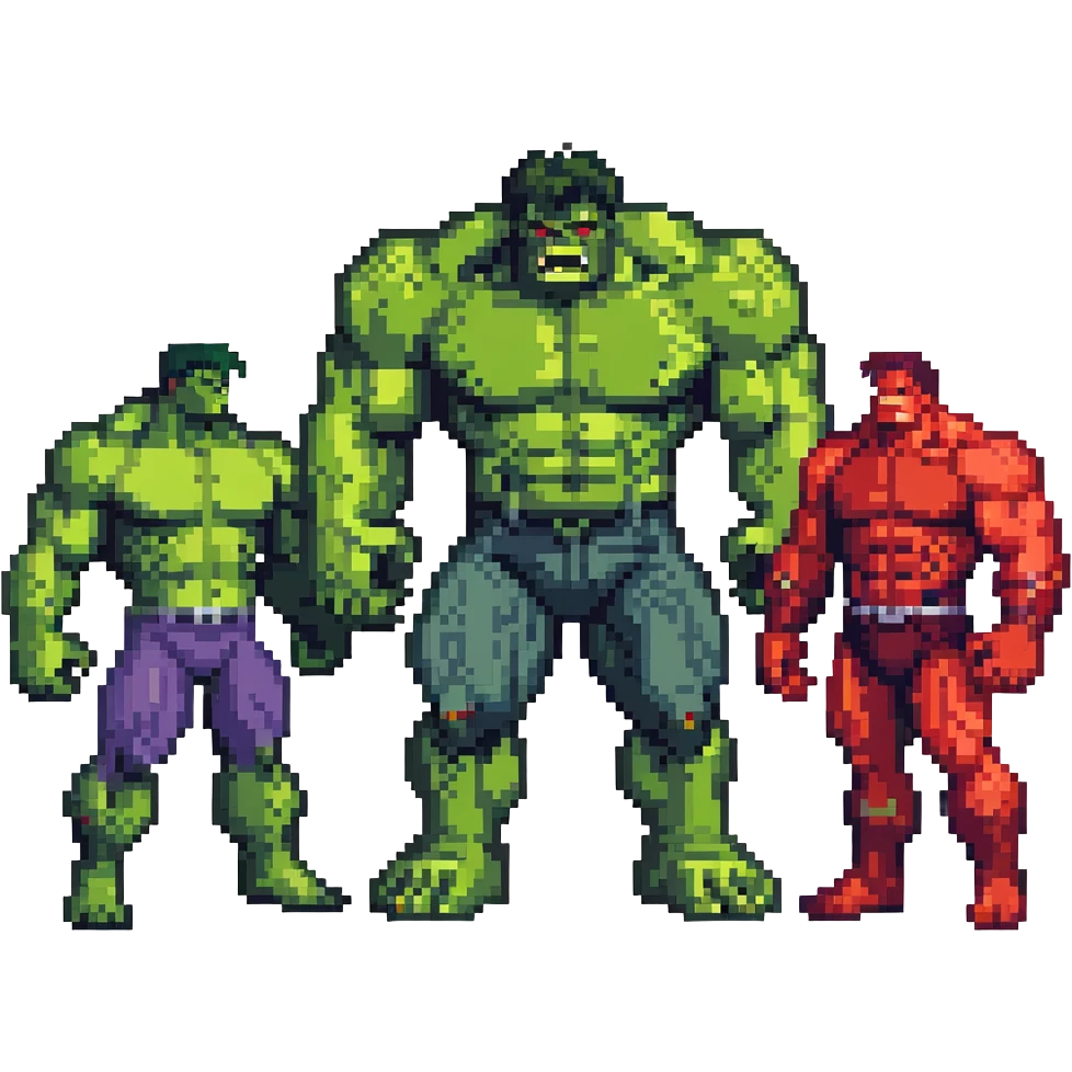 Red Hulk, World Breaker Hulk, and Maestro Hulk forms in retro game style emoji
