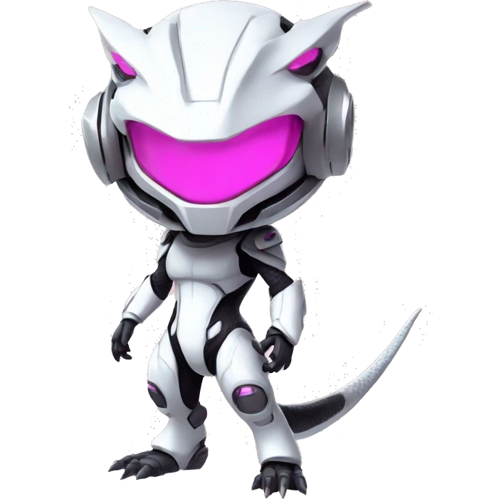 White, Chibi, White body, Anthro-Sona-Lizard-Alien-Salazzle-Mew-Fakémon, with pink eyes, with a futuristic visor-helmet, wearing a techwear-suit, Full Body emoji