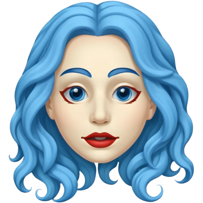 Life like mask of female with long wavy blue hair, empty eyes and mouth emoji