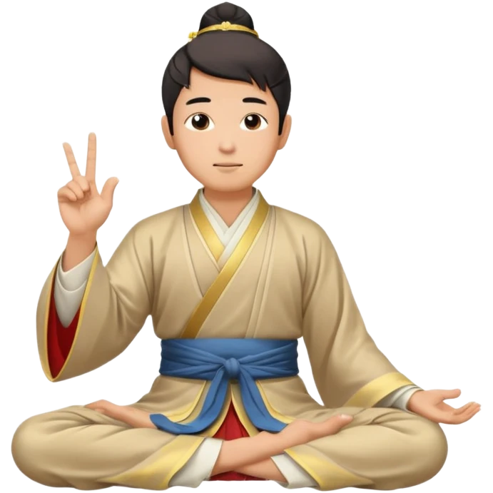 asian man in hanfu closing sitting in lotus pose, pointing one finger to sky as wisdom gesture emoji