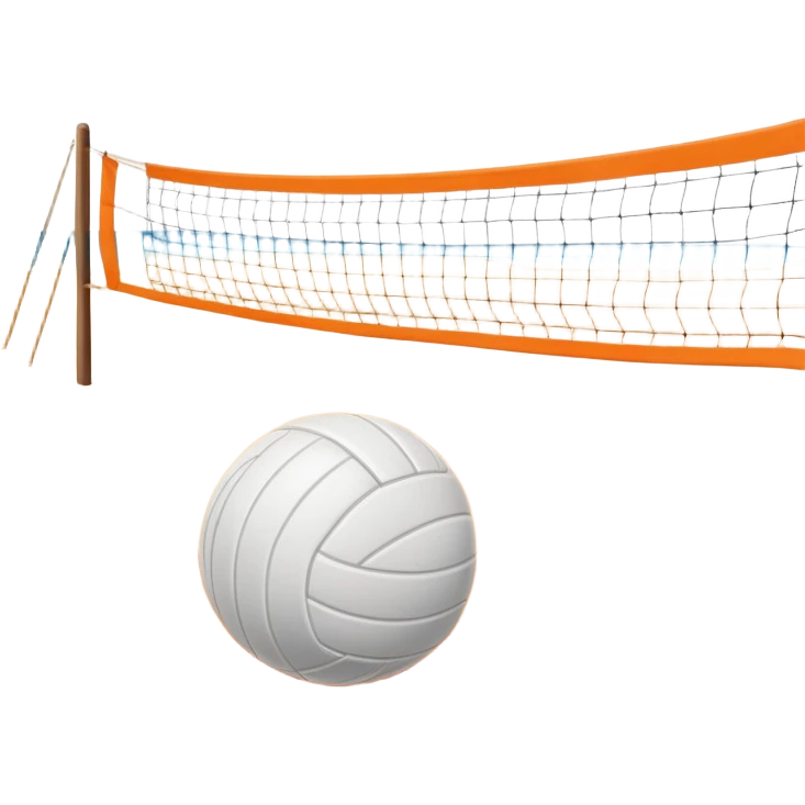 The scene captures a sunny beach atmosphere with clear blue sea and sky, palm trees swaying, and people in swimsuits enjoying the vibrant surroundings. A volleyball resting on the orange sand ground of a beach, with a volleyball net in the background.  emoji