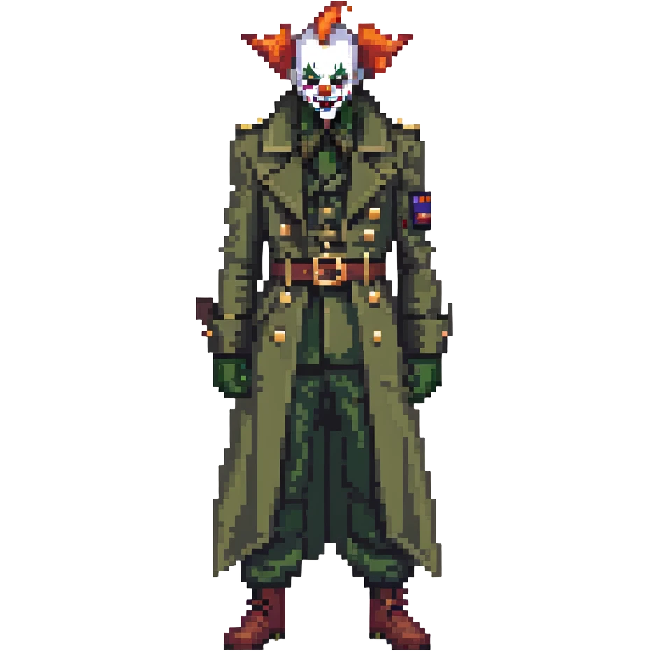 evil clown soldier, bald, small black horns on forehead, fangs, pointed ears, eye patch over one eye, long coat over black and military green clothes with bellbottom pants, realistically proportioned, less bulky, full body, fighting stance emoji