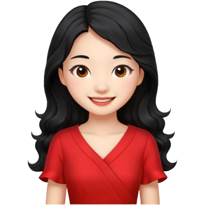 Chinese girl with long wavy black hair, black eyes, smiling emoji