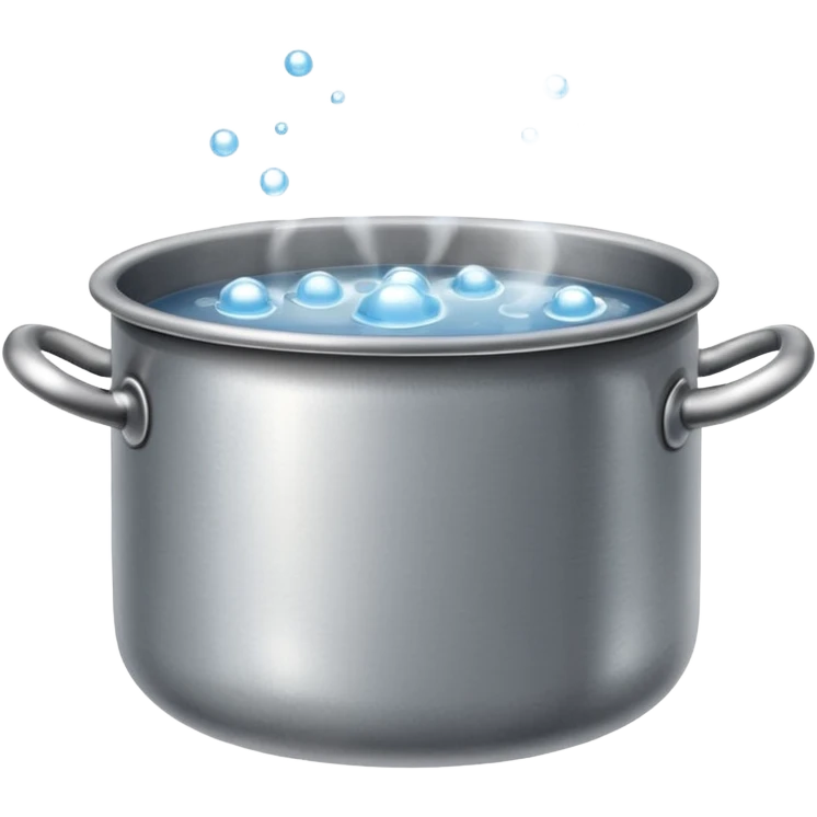 small metal pot filled with boiling water on a stove, visible hot steam and rising bubbles, realistic heat effect, shiny pot surface, bright lighting, clean white background emoji