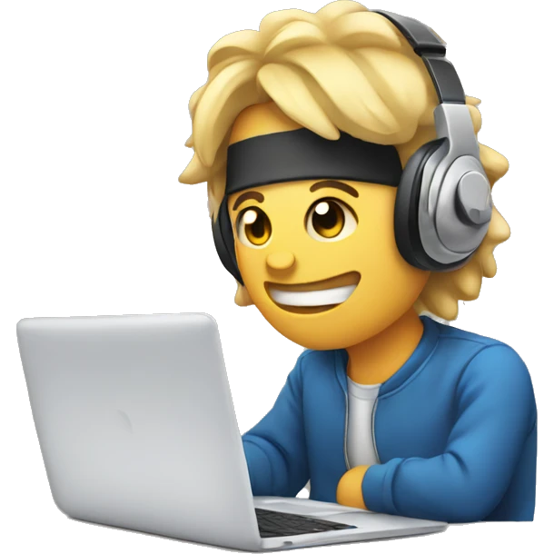 2d emoji working on laptop with headphones emoji