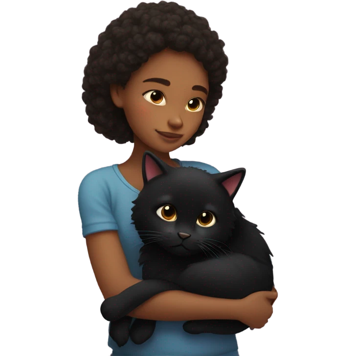 Girl cuddling with black fluffy cat emoji